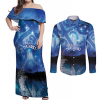 NZ Maori Matariki Scenery Couples Matching Off Shoulder Maxi Dress and Long Sleeve Button Shirt Galaxy Sky LT7 Galaxy - Polynesian Pride