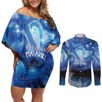 NZ Maori Matariki Scenery Couples Matching Off Shoulder Short Dress and Long Sleeve Button Shirt Galaxy Sky LT7 Galaxy - Polynesian Pride