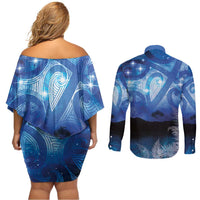 NZ Maori Matariki Scenery Couples Matching Off Shoulder Short Dress and Long Sleeve Button Shirt Galaxy Sky LT7 - Polynesian Pride