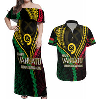 Personalised Vanuatu Couples Matching Off Shoulder Maxi Dress and Hawaiian Shirt 43rd Hapi Indipendens Long LT7 Black - Polynesian Pride