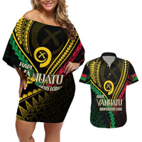 Personalised Vanuatu Couples Matching Off Shoulder Short Dress and Hawaiian Shirt 44th Hapi Indipendens Long LT7 Black - Polynesian Pride