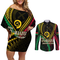 Personalised Vanuatu Couples Matching Off Shoulder Short Dress and Long Sleeve Button Shirts 44th Hapi Indipendens Long LT7 Black - Polynesian Pride