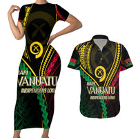 Personalised Vanuatu Couples Matching Short Sleeve Bodycon Dress and Hawaiian Shirt 44th Hapi Indipendens Long LT7 Black - Polynesian Pride