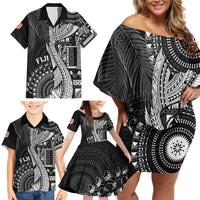 Fiji Rugby Personalised Bula Masi Family Matching Off Shoulder Short Dress and Hawaiian Shirt Fish Tail Kaivity Cibi - Black