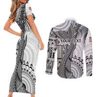 Fiji Rugby Personalised Bula Masi Couples Matching Short Sleeve Bodycon Dress and Long Sleeve Button Shirt Fish Tail Kaivity Cibi - White