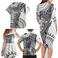 Fiji Rugby Personalised Bula Masi Family Matching Long Sleeve Bodycon Dress and Hawaiian Shirt Fish Tail Kaivity Cibi - White