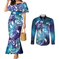 Aloha Hawaii Turtle Couples Matching Mermaid Dress and Long Sleeve Button Shirt Teal Purple Ribbon LT7 Purple Teal - Polynesian Pride