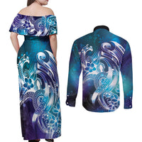 Aloha Hawaii Turtle Couples Matching Off Shoulder Maxi Dress and Long Sleeve Button Shirt Teal Purple Ribbon LT7 - Polynesian Pride