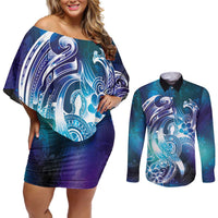 Aloha Hawaii Turtle Couples Matching Off Shoulder Short Dress and Long Sleeve Button Shirt Teal Purple Ribbon LT7 Purple Teal - Polynesian Pride