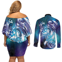 Aloha Hawaii Turtle Couples Matching Off Shoulder Short Dress and Long Sleeve Button Shirt Teal Purple Ribbon LT7 - Polynesian Pride