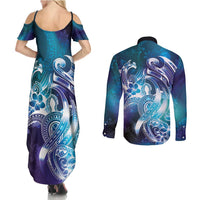 Aloha Hawaii Turtle Couples Matching Summer Maxi Dress and Long Sleeve Button Shirt Teal Purple Ribbon LT7 - Polynesian Pride