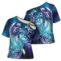 Aloha Hawaii Turtle Cross Shoulder Shirt Teal Purple Ribbon LT7 - Polynesian Pride