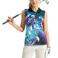 Aloha Hawaii Turtle Women Sleeveless Polo Shirt Teal Purple Ribbon LT7 - Polynesian Pride