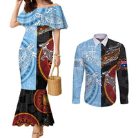 Personalised Fiji and Australia Couples Matching Mermaid Dress and Long Sleeve Button Shirts Masi Patterns Mix Aboriginal Art LT7 Colorful - Polynesian Pride