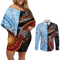 Personalised Fiji and Australia Couples Matching Off Shoulder Short Dress and Long Sleeve Button Shirts Masi Patterns Mix Aboriginal Art LT7 Colorful - Polynesian Pride