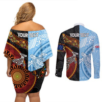 Personalised Fiji and Australia Couples Matching Off Shoulder Short Dress and Long Sleeve Button Shirts Masi Patterns Mix Aboriginal Art LT7 - Polynesian Pride