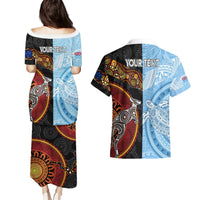 Personalised Fiji and Australia Couples Matching Puletasi Dress and Hawaiian Shirt Masi Patterns Mix Aboriginal Art LT7 - Polynesian Pride