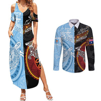 Personalised Fiji and Australia Couples Matching Summer Maxi Dress and Long Sleeve Button Shirts Masi Patterns Mix Aboriginal Art LT7 Colorful - Polynesian Pride