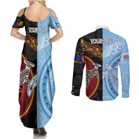 Personalised Fiji and Australia Couples Matching Summer Maxi Dress and Long Sleeve Button Shirts Masi Patterns Mix Aboriginal Art LT7 - Polynesian Pride