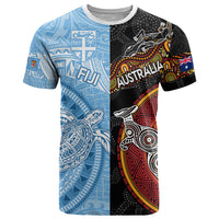 Personalised Fiji and Australia T Shirt Masi Patterns Mix Aboriginal Art LT7 Colorful - Polynesian Pride
