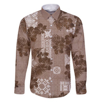 Vintage Hawaii Family Matching Puletasi Dress and Hawaiian Shirt Hibiscus Mix Hawaiian Quilt Patches - Brown LT7 Dad's Shirt - Long Sleeve Brown - Polynesian Pride