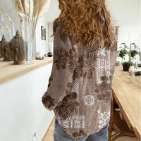 Vintage Hawaii Women Casual Shirt Hibiscus Mix Hawaiian Quilt Patches - Brown LT7 - Polynesian Pride