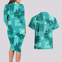 Vintage Hawaii Couples Matching Long Sleeve Bodycon Dress and Hawaiian Shirt Hibiscus Mix Hawaiian Quilt Patches - Teal LT7 - Polynesian Pride
