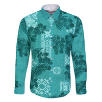 Vintage Hawaii Family Matching Mermaid Dress and Hawaiian Shirt Hibiscus Mix Hawaiian Quilt Patches - Teal LT7 Dad's Shirt - Long Sleeve Teal - Polynesian Pride