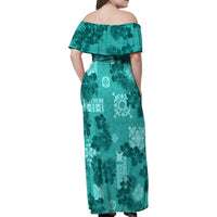 Vintage Hawaii Family Matching Off Shoulder Maxi Dress and Hawaiian Shirt Hibiscus Mix Hawaiian Quilt Patches - Teal LT7 - Polynesian Pride
