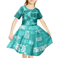 Vintage Hawaii Kid Short Sleeve Dress Hibiscus Mix Hawaiian Quilt Patches - Teal LT7 - Polynesian Pride