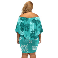 Vintage Hawaii Off Shoulder Short Dress Hibiscus Mix Hawaiian Quilt Patches - Teal LT7 - Polynesian Pride