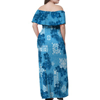 Hawaii Tapa Family Matching Off Shoulder Maxi Dress and Hawaiian Shirt Hibiscus Mix Hawaiian Quilt Patches - Blue LT7 - Polynesian Pride