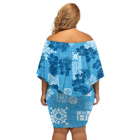 Hawaii Tapa Off Shoulder Short Dress Hibiscus Mix Hawaiian Quilt Patches - Blue LT7 - Polynesian Pride