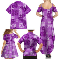Hawaii Tapa Family Matching Summer Maxi Dress and Hawaiian Shirt Hibiscus Mix Hawaiian Quilt Patches - Violet LT7 - Polynesian Pride