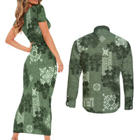 Hawaii Tapa Couples Matching Short Sleeve Bodycon Dress and Long Sleeve Button Shirt Hibiscus Mix Hawaiian Quilt Patches - Sage Green LT7 - Polynesian Pride