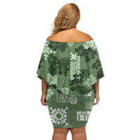 Hawaii Tapa Family Matching Off Shoulder Short Dress and Hawaiian Shirt Hibiscus Mix Hawaiian Quilt Patches - Sage Green LT7 - Polynesian Pride