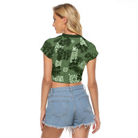 Hawaii Tapa Raglan Cropped T Shirt Hibiscus Mix Hawaiian Quilt Patches - Sage Green LT7 - Polynesian Pride