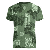 Hawaii Tapa Women V Neck T Shirt Hibiscus Mix Hawaiian Quilt Patches - Sage Green LT7 - Polynesian Pride