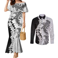 Polynesian Plumeria Lei Couples Matching Mermaid Dress and Long Sleeve Button Shirt with Hammerhead Shark LT7 Black - Polynesian Pride