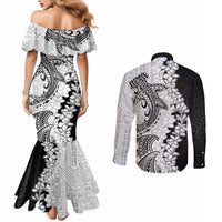 Polynesian Plumeria Lei Couples Matching Mermaid Dress and Long Sleeve Button Shirt with Hammerhead Shark LT7 - Polynesian Pride