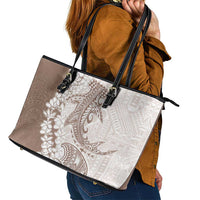 Polynesian Beige Plumeria Lei Leather Tote Bag with Hammerhead Shark LT7 - Polynesian Pride