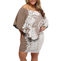 Polynesian Beige Plumeria Lei Off Shoulder Short Dress with Hammerhead Shark LT7 Women Beige - Polynesian Pride