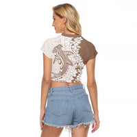 Polynesian Beige Plumeria Lei Raglan Cropped T Shirt with Hammerhead Shark LT7 - Polynesian Pride