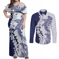 Polynesian Navy Blue Plumeria Lei Couples Matching Off Shoulder Maxi Dress and Long Sleeve Button Shirt with Hammerhead Shark LT7 Navy Blue - Polynesian Pride