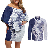 Polynesian Navy Blue Plumeria Lei Couples Matching Off Shoulder Short Dress and Long Sleeve Button Shirt with Hammerhead Shark LT7 Navy Blue - Polynesian Pride