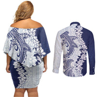 Polynesian Navy Blue Plumeria Lei Couples Matching Off Shoulder Short Dress and Long Sleeve Button Shirt with Hammerhead Shark LT7 - Polynesian Pride