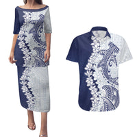 Polynesian Navy Blue Plumeria Lei Couples Matching Puletasi and Hawaiian Shirt with Hammerhead Shark LT7 Navy Blue - Polynesian Pride