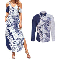 Polynesian Navy Blue Plumeria Lei Couples Matching Summer Maxi Dress and Long Sleeve Button Shirt with Hammerhead Shark LT7 Navy Blue - Polynesian Pride