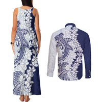 Polynesian Navy Blue Plumeria Lei Couples Matching Tank Maxi Dress and Long Sleeve Button Shirt with Hammerhead Shark LT7 - Polynesian Pride
