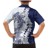 Polynesian Navy Blue Plumeria Lei Family Matching Mermaid Dress and Hawaiian Shirt with Hammerhead Shark